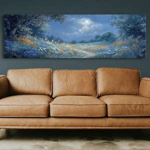 Moonlit Meadow Canvas, Enchanted Night Wildflower Landscape, Dreamy Starry Sky Painting, Mystical Nature Art, Fantasy Wall Decor