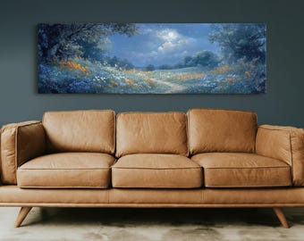 Månbelyst äng, canvas med vilda blommor, förtrollad natt, drömsk stjärnhimmelmålning, mystisk naturkonst, fantasiväggdekor
