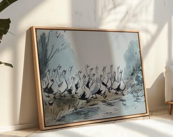 Vintage Gänse Illustration Leinwand Wandkunst, Bauernhaus Tier Poster Rustikales Land Dekor, Wunderliche Gans Kunstwerk für Küche oder Wohnzimmer