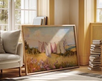 Vintage Clothesline Canvas Art - Pastoral Field Landscape with Wildflowers, Rustic Farmhouse Laundry Room Decor