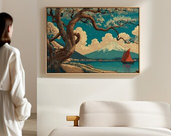 富士山キャンバスウォールアート、花咲く木と赤い帆船のある日本の風景