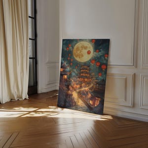 Lantern Festival Moonlit Village Canvas - Traditional Asian Architecture and Glowing Lanterns in a Serene Night Scene