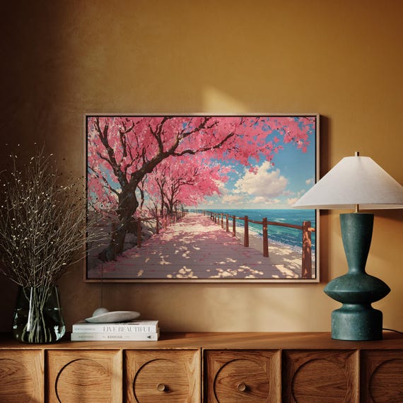 Cherry Blossom Beach Boardwalk Canvas Wall Art | Ocean View With