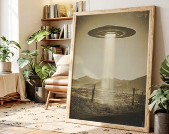 Vintage UFO Canvas Wall Art – Sepia Alien Spaceship Abduction Scene Over Desert Fence for Retro Sci-Fi Decor