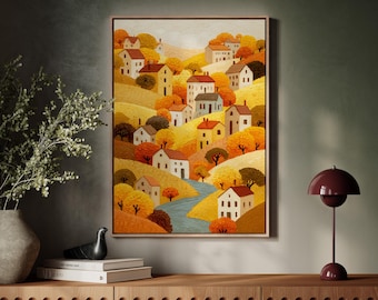 Puede incluir: Pintura enmarcada de un paisaje de pueblo. La obra presenta casas con tejados rojos, rodeadas de árboles con follaje amarillo y naranja. Un río azul serpentea por la escena, creando una cálida atmósfera otoñal.
