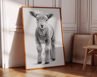 Baby Lamb Canvas Wall Art, Black And White Farm Animal Print, Vintage Style Sheep Drawing, Rustic Nursery Artwork, Country Home Decor