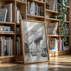 Brooklyn Bridge Pen Drawing with Vintage Cars, New York City Urban Scene, Retro Architecture Ink Sketch, NYC Canvas Wall Art Print