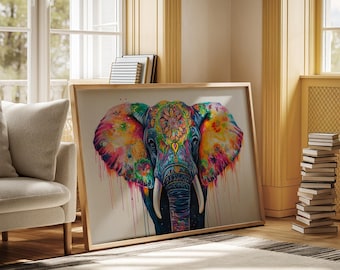 Lienzo de elefante vibrante para pared: pintura abstracta colorida de elefante estilo mandala bohemio con patrones tribales.