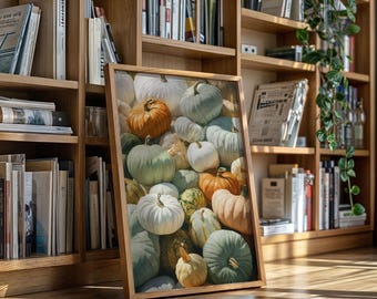 May include: A framed print featuring a still life of various pumpkins in shades of white, green, orange, and tan. The pumpkins are arranged closely together, creating a textured and colorful composition. The frame is made of light-colored wood.