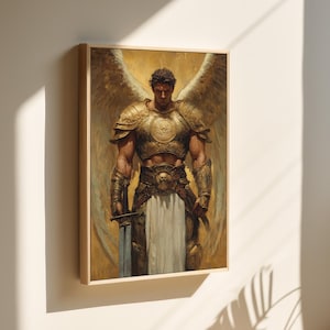 Canvaskunst aan de muur Aartsengel Michaël – Krachtige strijdende engel in gouden harnas, spiritueel christelijk decor voor ruimtes voor thuis en aanbidding