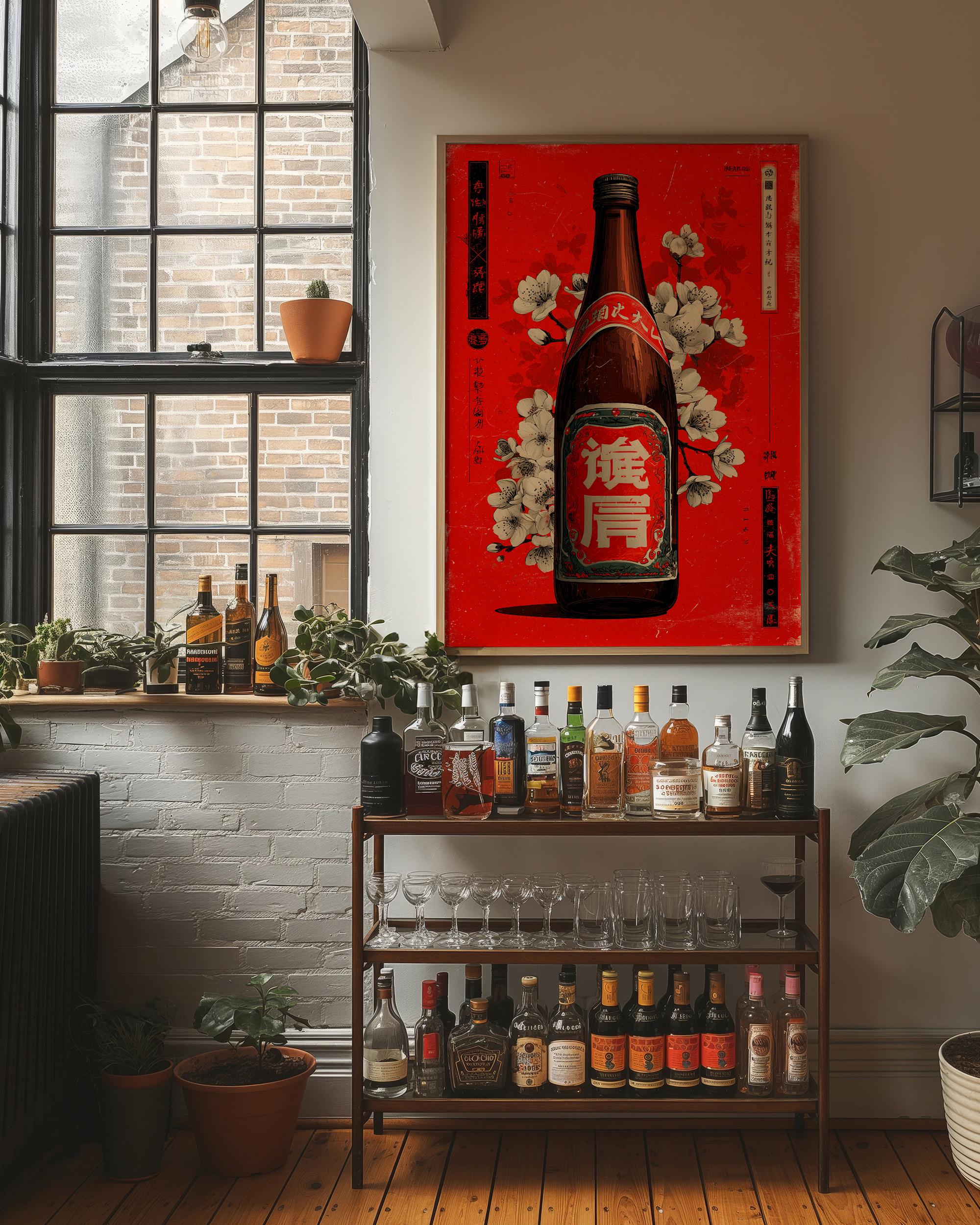 ヴィンテージ日本酒ボトルキャンバスアート、赤い桜のプリント