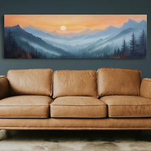 Tranquil Mountain Sunrise – Serene Landscape with Mist and Trees, Peaceful Nature Canvas Art