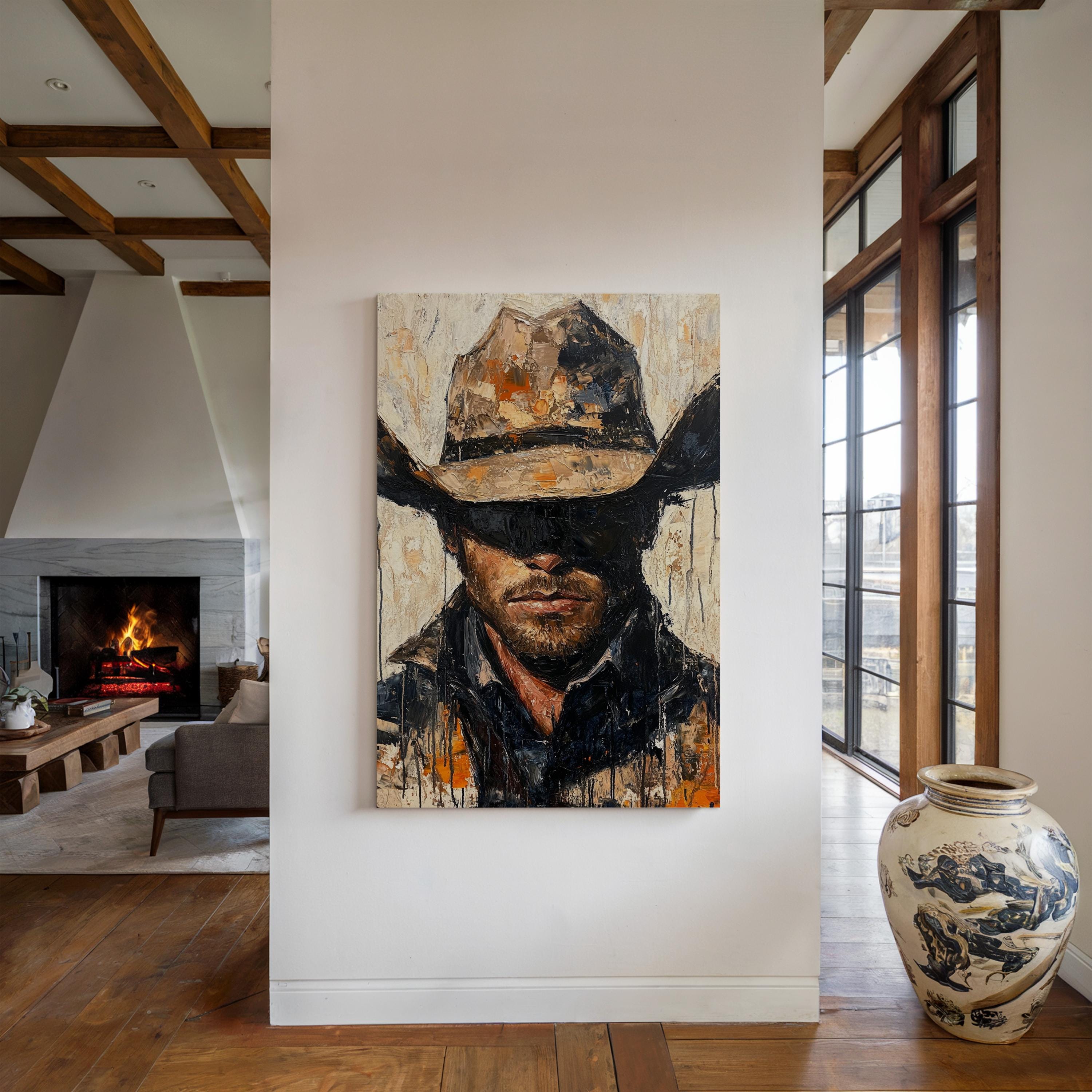 Western Cowboy Canvas Wall Art – Rustic Oil Painting Style Portrait of ...
