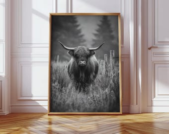 May include: Black and white framed print of a Highland cow in a field. The cow has long horns and shaggy fur. The background features tall grass, a wooden fence, and a blurred forest. The frame is a light brown color.