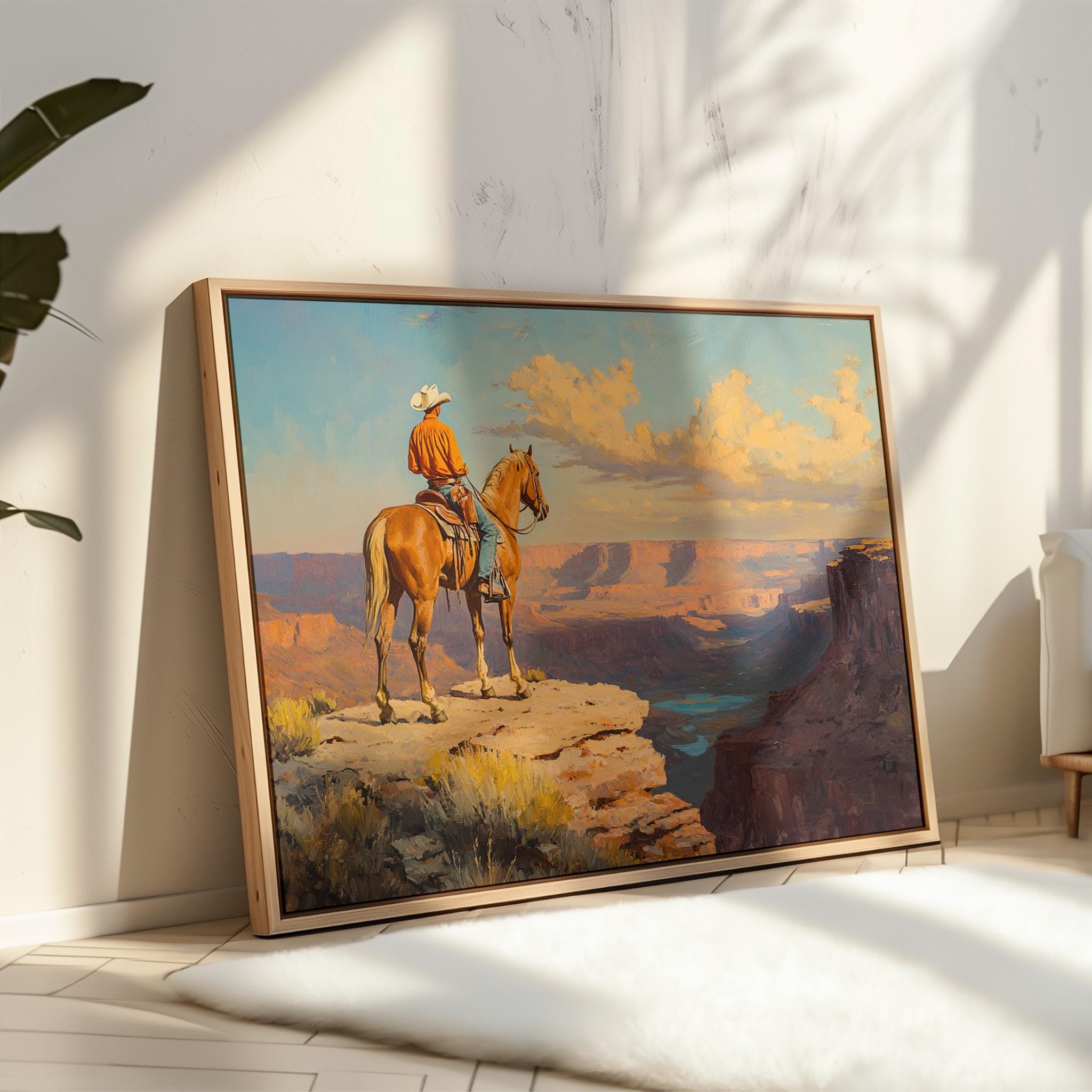 馬に乗ったカウボーイのキャニオンビューキャンバスアート、西部の風景