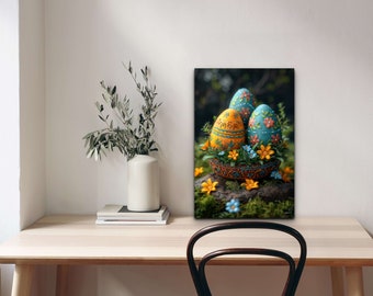 Easter Egg Oil Painting Canvas Print, Vintage Spring Decor, Happy Easter Day Decor Ready To Hang Portrait Canvas