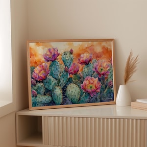 鮮やかな砂漠の花々を描いた南西部のサボテンのキャンバス壁アート、ウチワサボテンの花の絵画、リビングルームのボヘミアン風ウェスタン装飾