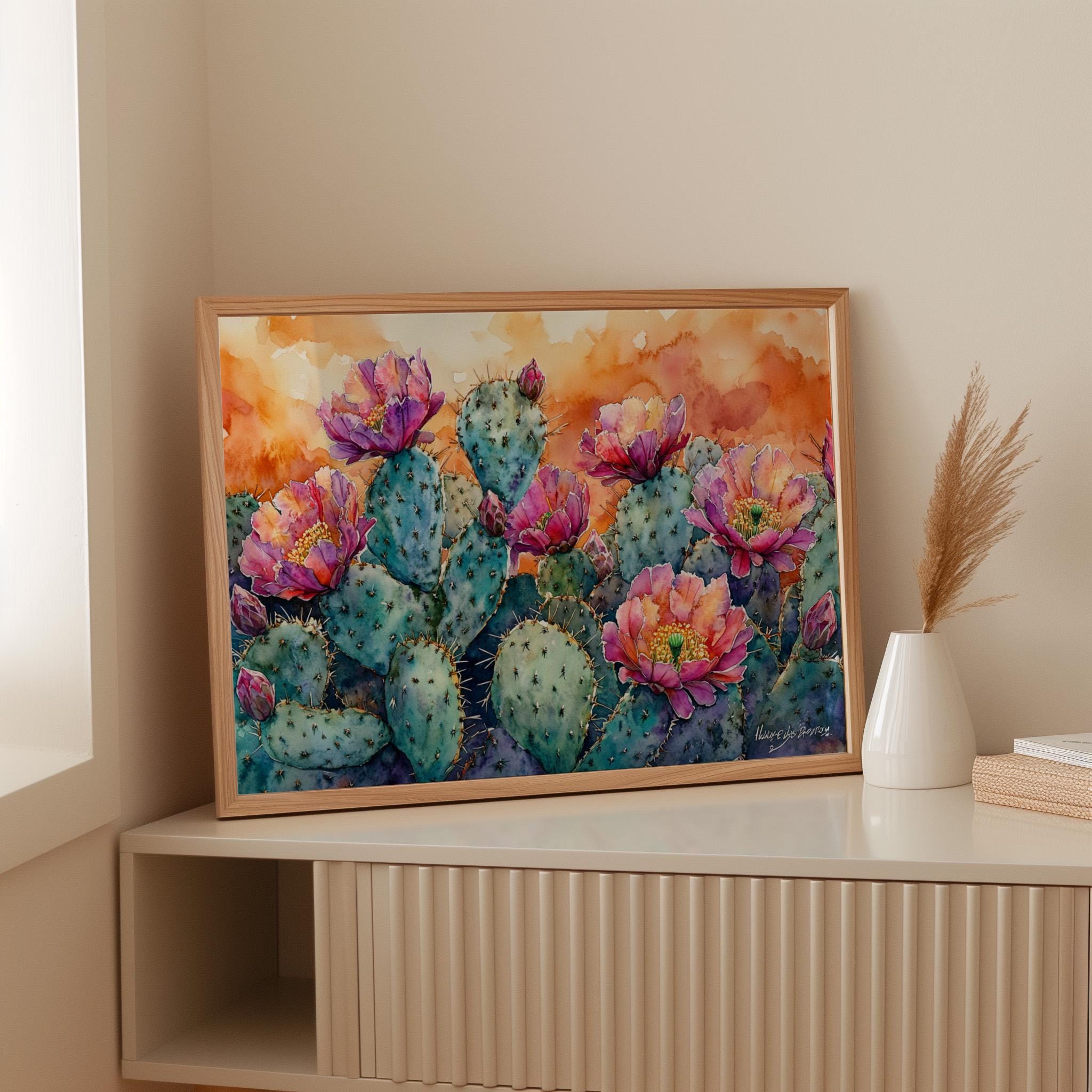 鮮やかな砂漠の花々を描いた南西部のサボテンのキャンバス壁アート