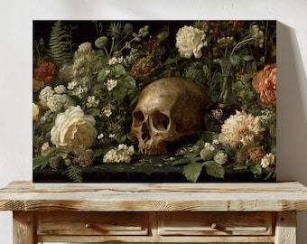 Skull and Roses Still Life | Gothic Floral Wall Art in Vintage Oil Painting Style