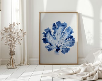 Impresión de arte mural de coral azul marino, póster de abanico de mar de acuarela inspirado en el océano costero, decoración náutica moderna para casa de playa o baño.