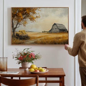 Rustic Barn Canvas Wall Art, Autumn Farmhouse Landscape, Vintage Hay Wagon Print, Cozy Country Decor, Harvest Season Painting