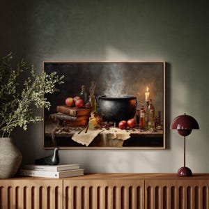 Witch’s Cauldron Still Life | Potion and Spellbook Canvas