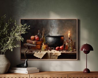 Witch’s Cauldron Still Life | Potion and Spellbook Canvas