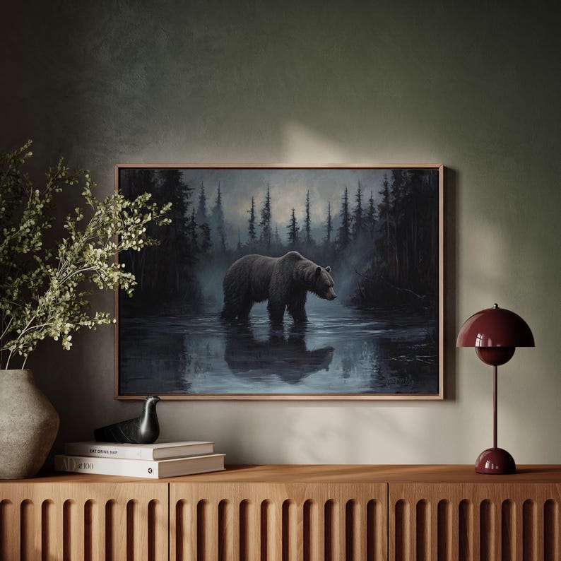 Stunning brown bear canvas wall art, perfect for rustic cabin decor, woodland homes, and nature lovers. A wildlife painting with moody forest tones, available as framed or unframed canvas, ideal for lodge, den, or living room wall decor.