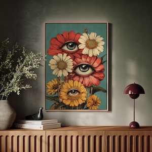 Surreal Eye Flower Wall Art, Trippy Botanical Poster with Human Eyes in Petals, Psychedelic Canvas Print for Unique Home Decor