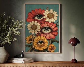 Surreale Augenblume, Trippy botanisches Poster mit menschlichen Augen in Blütenblättern, psychedelische Leinwand für einzigartiges Wohndekor
