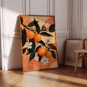 Citrus Orange Canvas Wall Art | Vintage Botanical Fruit Print with Blossoms | Rustic Farmhouse Kitchen Decor Poster