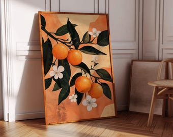 Lienzo decorativo de naranja cítrica para pared, impresión vintage de frutas botánicas con flores, póster de decoración rústica para cocina de granja.