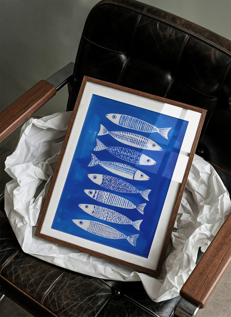 Blue Fishbone Pattern Blue Fish Pattern Art | Nautical Canvas Print With Hand-drawn Sardines ...