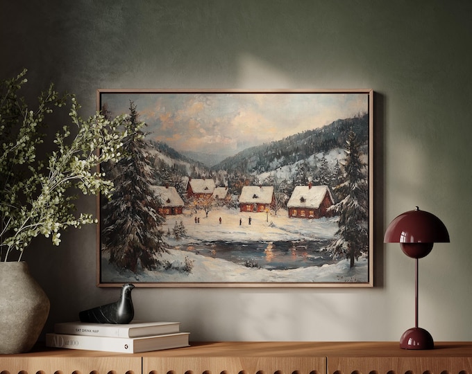 Snowy Cabin Village Canvas Wall Art - Winter Wonderland Scene ...