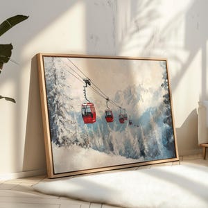 Ski Lift Canvas Print, Snowy Mountain Wall Art, Winter Ski Resort Painting, Alpine Gondola Decor, Red Cable Car Snow Scene