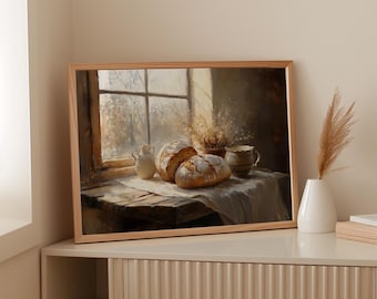May include: A framed painting of a still life with bread, a pitcher, and a vase of flowers. The painting is set against a window with a view of a snowy landscape. The painting is on a wooden table with a white tablecloth.