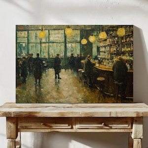 Peut inclure: Impression d'une peinture à l'huile représentant une scène de bar vintage. L'œuvre présente des personnages au bar et en arrière-plan, avec un éclairage chaleureux provenant de lampes suspendues. La palette de couleurs est dominée par les bruns, les verts et les jaunes.