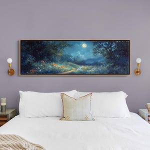 Moonlit Path Canvas, Enchanted Wildflower Forest, Dreamy Night Sky Art, Mystical Landscape Print, Celestial Nature Wall Decor