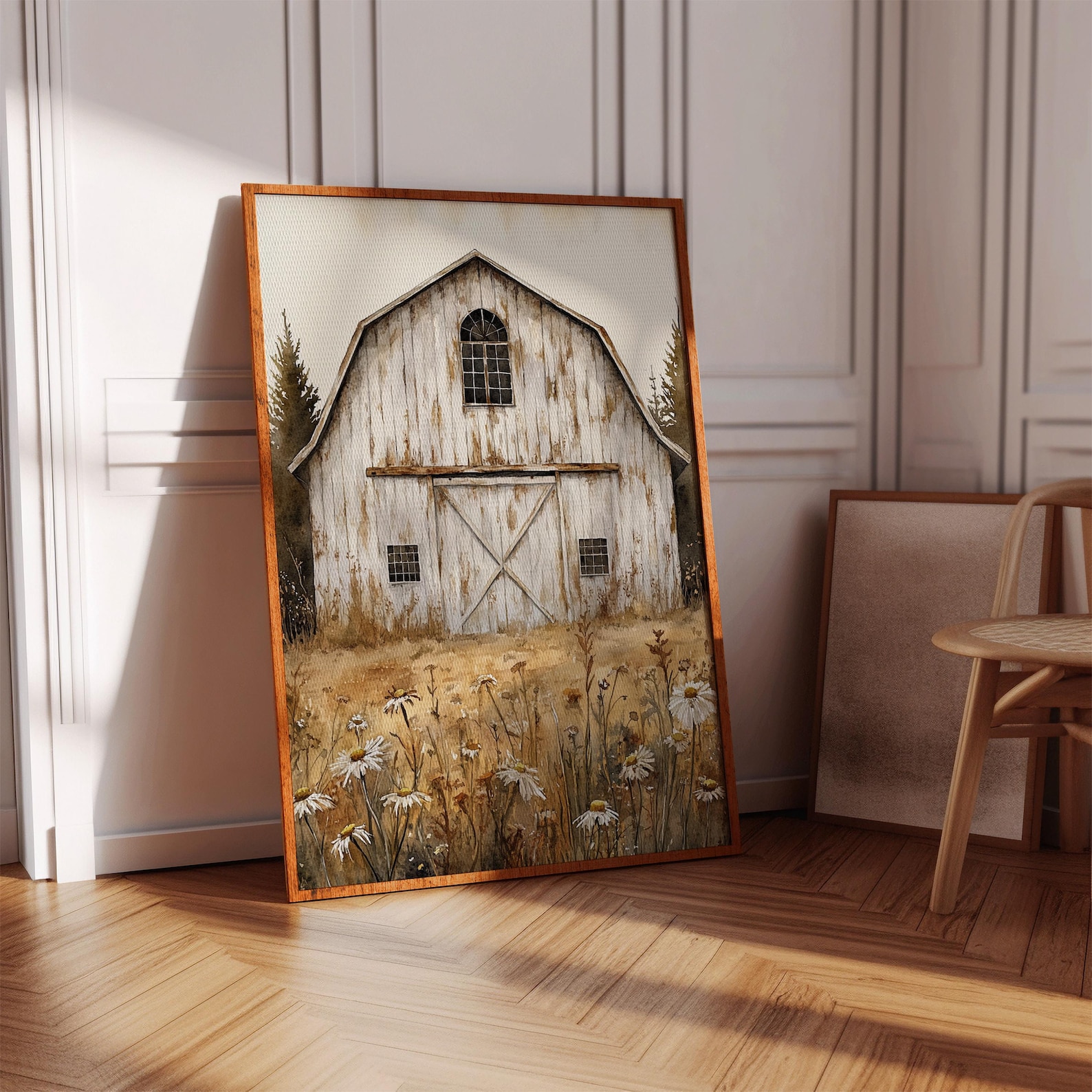 Rustic White Barn and Daisy Field Canvas Wall Art | Vintage Farmhouse