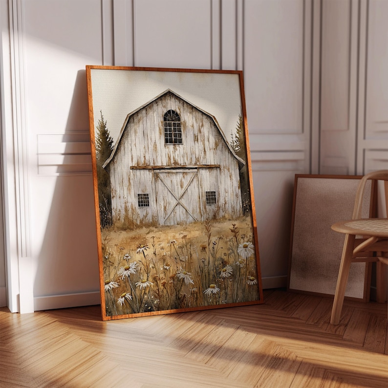Rustic White Barn and Daisy Field Canvas Wall Art | Vintage Farmhouse ...