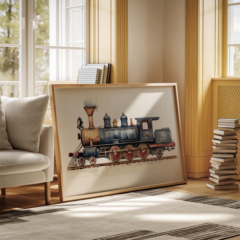 May include: A watercolor painting of a vintage blue and gold steam locomotive train engine. The train is on a track with a light brown background.