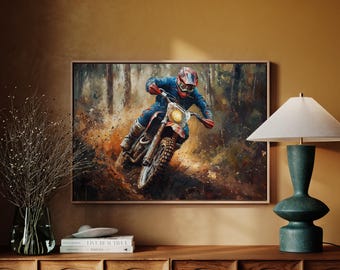 Lienzo de carreras de motos de cross, arte mural de motocross extremo, impresión de aventuras todoterreno, motociclista en acción, pintura de motocicleta embarrada, decoración MX