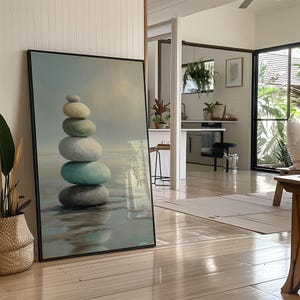 Zen Küstenstein Stapel Kunst | Serene Beach Pebble Wanddekor in Soft Neutral & Aqua Tönen | Minimalistische Entspannende Leinwand