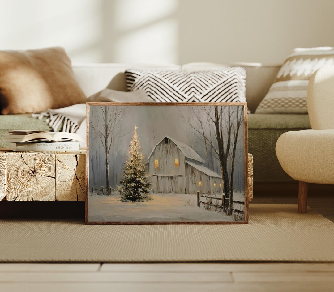 Rustic Barn Christmas Canvas Wall Art, Snowy Winter Farmhouse Scene ...