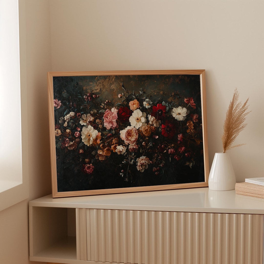 Vintage Floral Oil Painting Canvas Wall Art, Romantic Dark Moody Flower ...