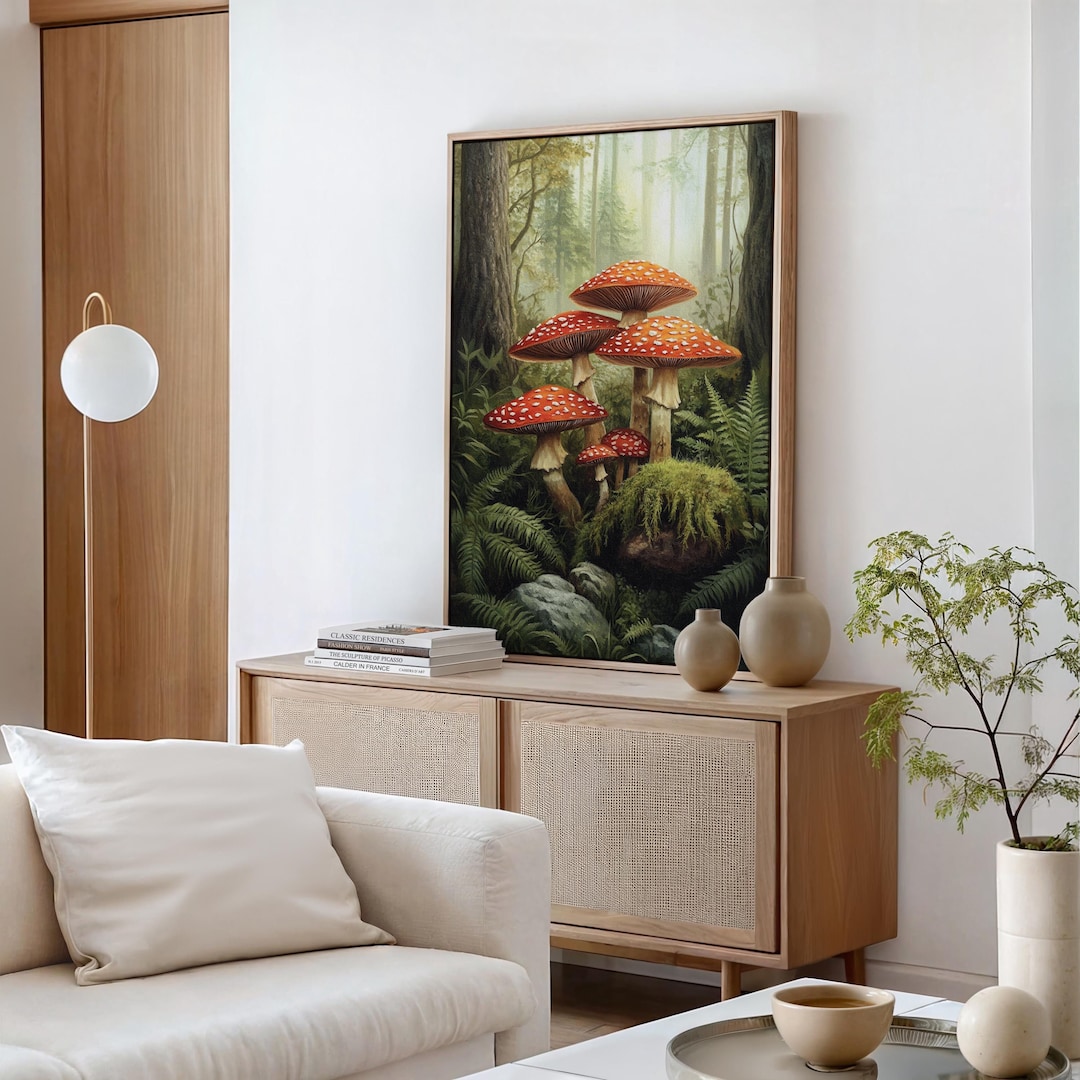 Enchanted Forest Mushroom Canvas Art - Vibrant Amanita Mushrooms in ...
