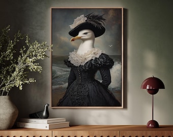 May include: A framed artwork depicts a seagull in a black dress and hat, reminiscent of a Victorian portrait. The seagull has a white ruffled collar and a black hat with a feather. The background shows a seascape with waves.