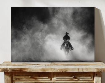 Cowboy Riding Through Dust | Western Black and White Wall Art