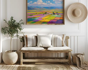 Patchwork Countryside with Colorful Fields and Village