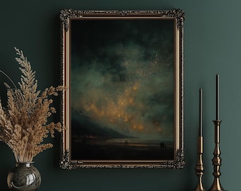 Starry Night Beach Canvas Art, Coastal Night Sky Print, Moody Ocean Wall Art, Dramatic Seascape Painting, Dark Landscape Decor, Large Art